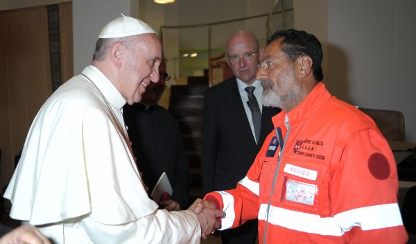 Order of Malta volunteers greet Pope Francis Lampedusa