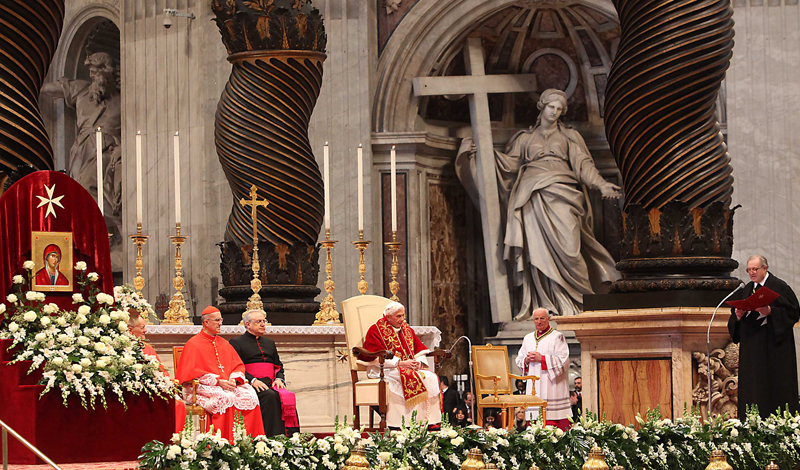 His Holiness Pope Benedict listens to the address of the Grand Master Fra’ Matthew Festing