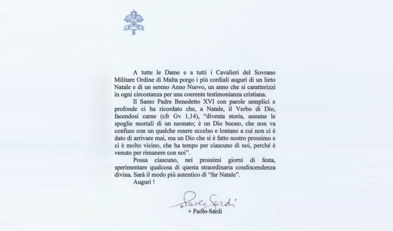 Messaggio del pro patrono a tutti I membri dell’Ordine di Malta