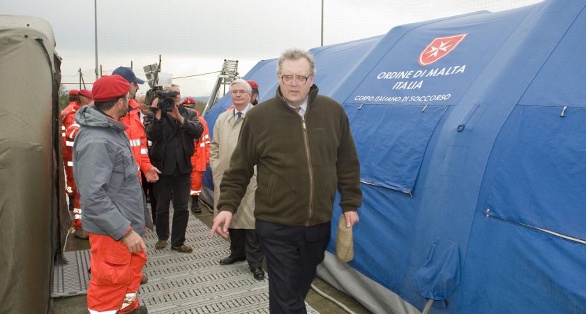 The Grand Master with the earthquake victims in Abruzzo