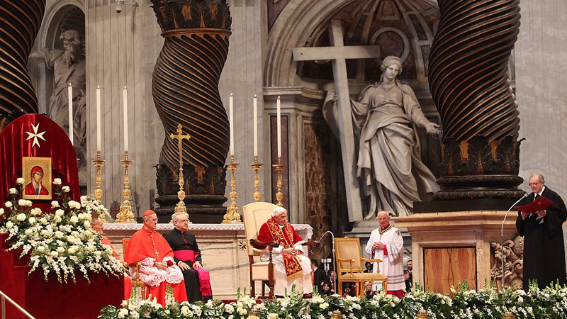 His Holiness Pope Benedict listens to the address of the Grand Master Fra’ Matthew Festing